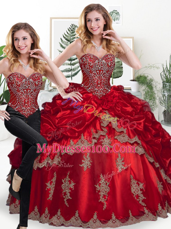 Custom Designed Two Pieces Quince Ball Gowns Wine Red Sweetheart Organza Sleeveless Floor Length Lace Up