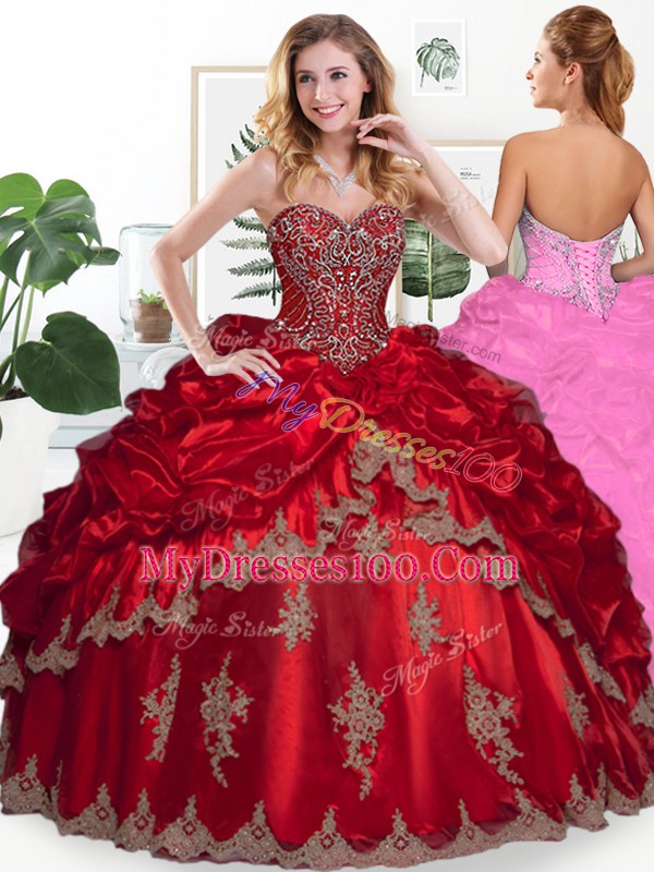 Custom Designed Two Pieces Quince Ball Gowns Wine Red Sweetheart Organza Sleeveless Floor Length Lace Up