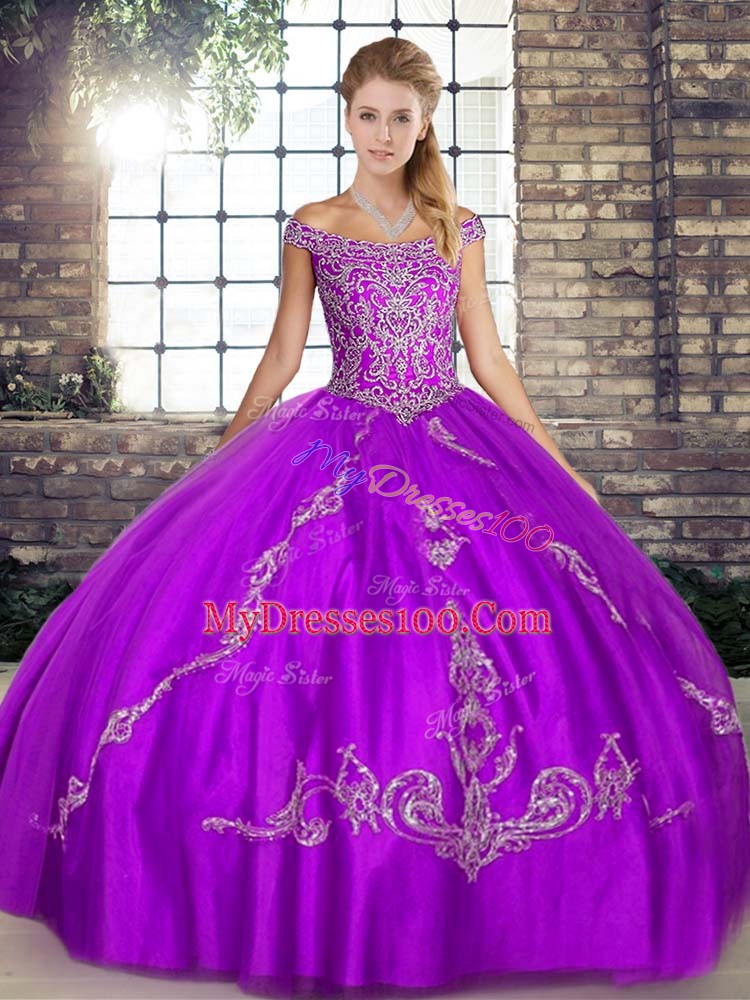 Comfortable Purple Tulle Lace Up Off The Shoulder Sleeveless Floor Length 15 Quinceanera Dress Beading and Embroidery