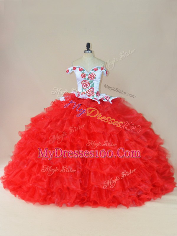 White And Red Ball Gowns Off The Shoulder Sleeveless Organza Brush Train Lace Up Embroidery and Ruffles 15th Birthday Dress