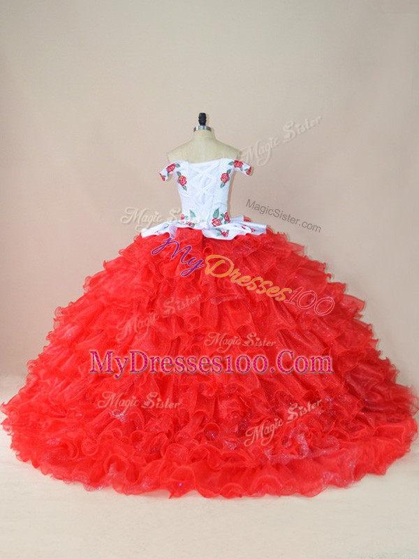 White And Red Ball Gowns Off The Shoulder Sleeveless Organza Brush Train Lace Up Embroidery and Ruffles 15th Birthday Dress