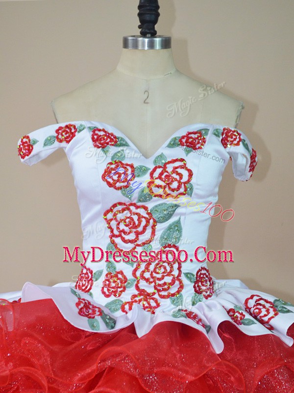 White And Red Ball Gowns Off The Shoulder Sleeveless Organza Brush Train Lace Up Embroidery and Ruffles 15th Birthday Dress
