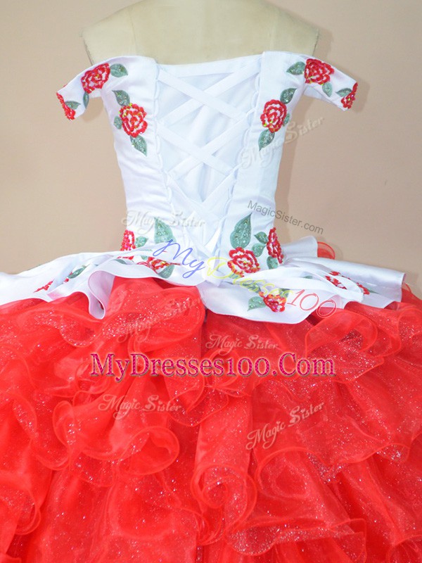 White And Red Ball Gowns Off The Shoulder Sleeveless Organza Brush Train Lace Up Embroidery and Ruffles 15th Birthday Dress