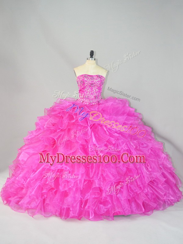 Hot Pink Ball Gowns Beading and Ruffles Sweet 16 Dress Lace Up Organza Sleeveless