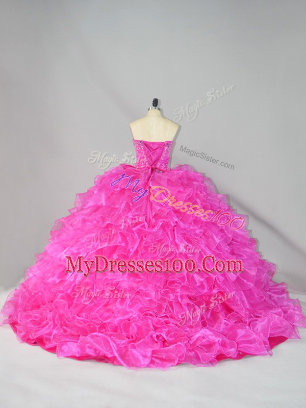 Hot Pink Ball Gowns Beading and Ruffles Sweet 16 Dress Lace Up Organza Sleeveless