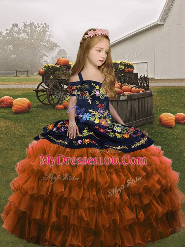 Brown Straps Lace Up Embroidery Kids Pageant Dress Sleeveless