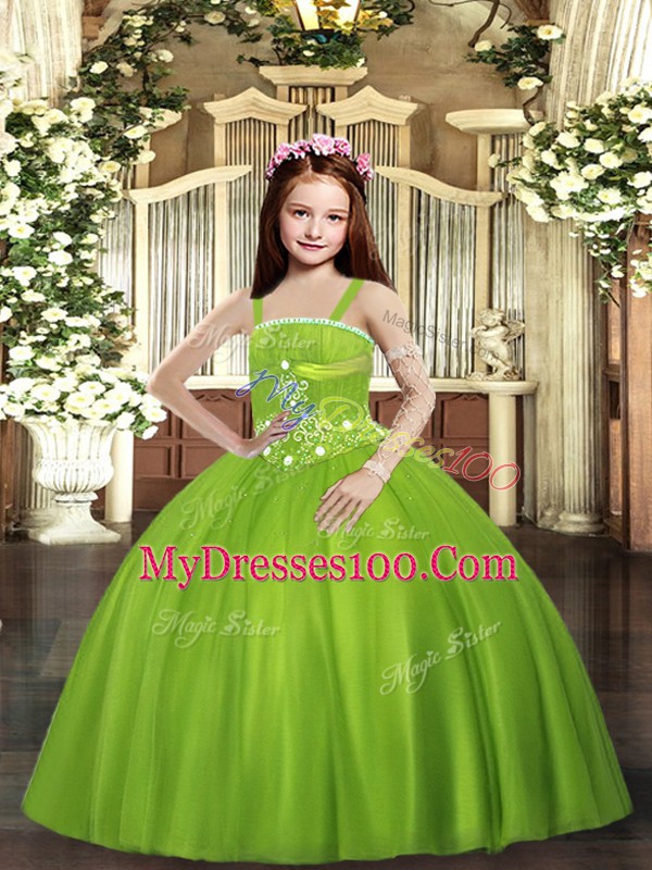 Olive Green Lace Up Kids Pageant Dress Beading Sleeveless Floor Length