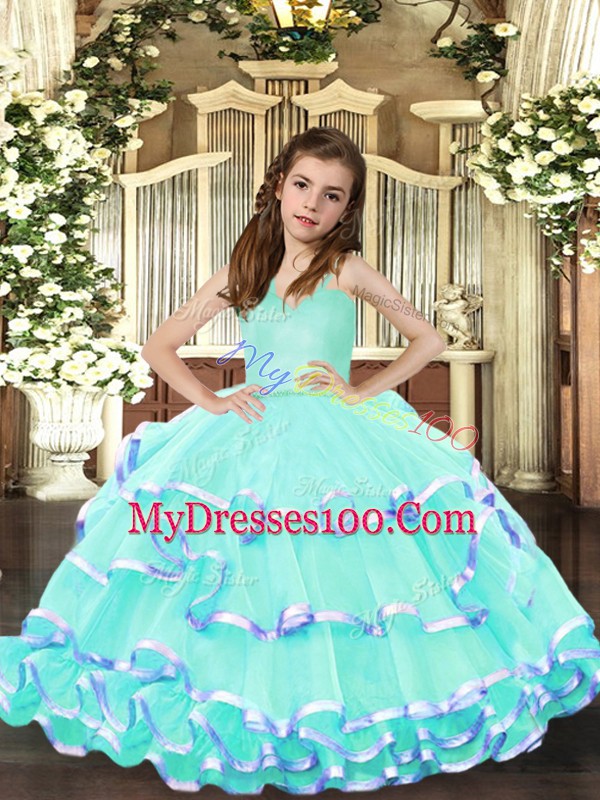 Affordable Floor Length Lace Up Little Girls Pageant Dress Aqua Blue for Party and Sweet 16 and Wedding Party with Ruffled Layers
