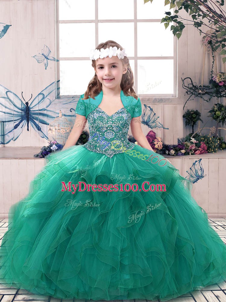 Turquoise Sleeveless Floor Length Beading Side Zipper Pageant Dress for Teens