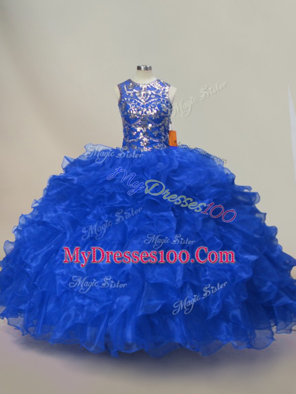 Perfect Organza Scoop Sleeveless Lace Up Ruffles and Sequins Quince Ball Gowns in Royal Blue