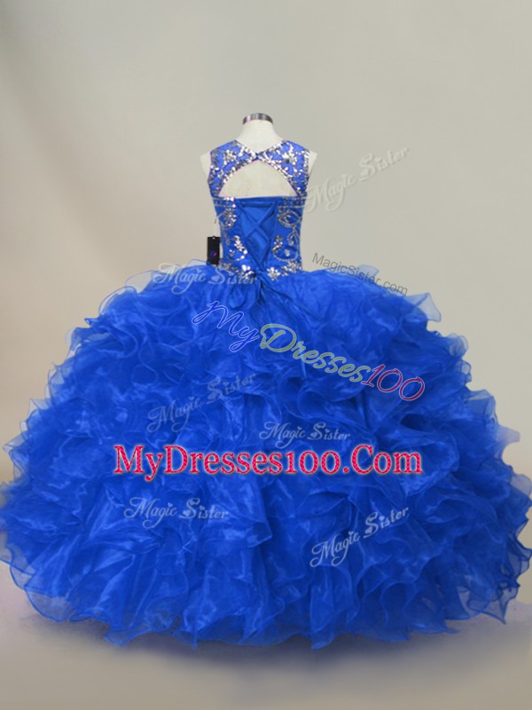 Perfect Organza Scoop Sleeveless Lace Up Ruffles and Sequins Quince Ball Gowns in Royal Blue
