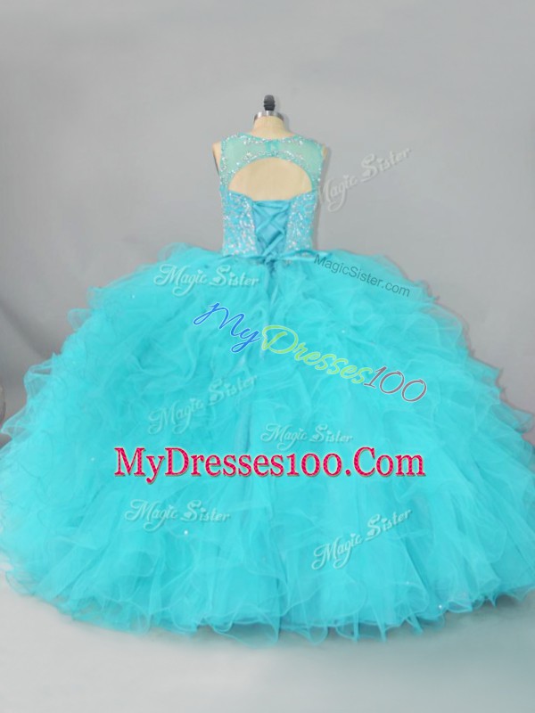 Aqua Blue Sleeveless Tulle Lace Up Sweet 16 Dress for Sweet 16 and Quinceanera
