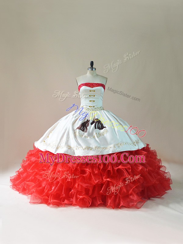 White And Red Lace Up Sweet 16 Dresses Embroidery and Ruffles Sleeveless Brush Train