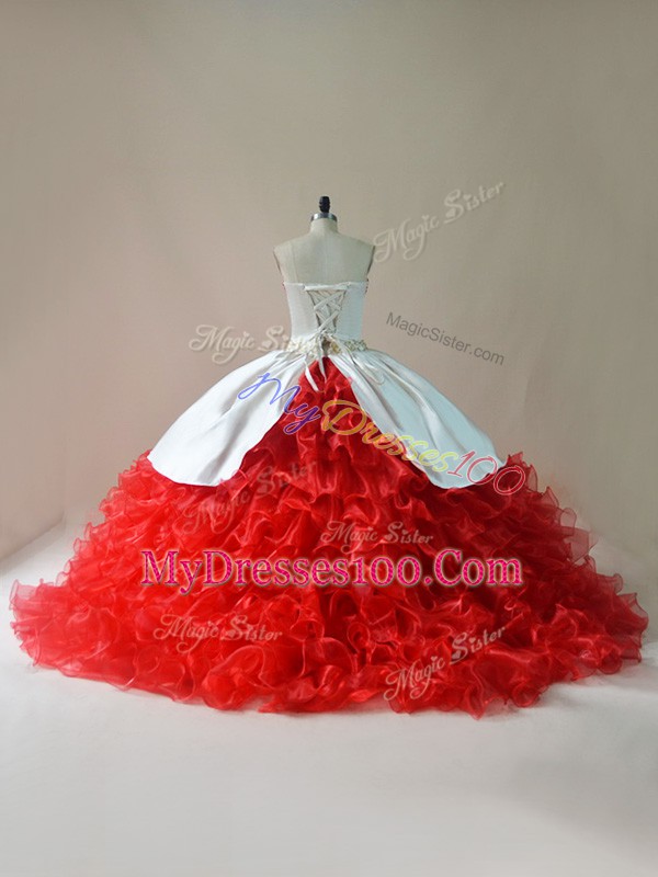 White And Red Lace Up Sweet 16 Dresses Embroidery and Ruffles Sleeveless Brush Train