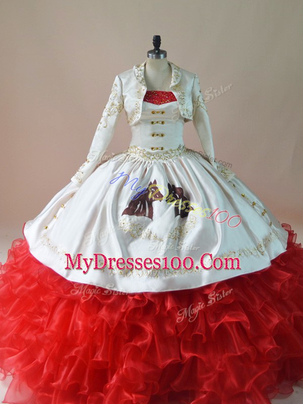 White And Red Lace Up Sweet 16 Dresses Embroidery and Ruffles Sleeveless Brush Train