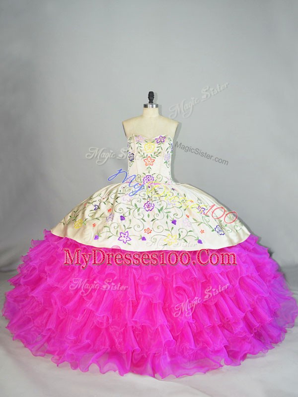 Fuchsia Sweetheart Lace Up Embroidery and Ruffled Layers Ball Gown Prom Dress Sleeveless