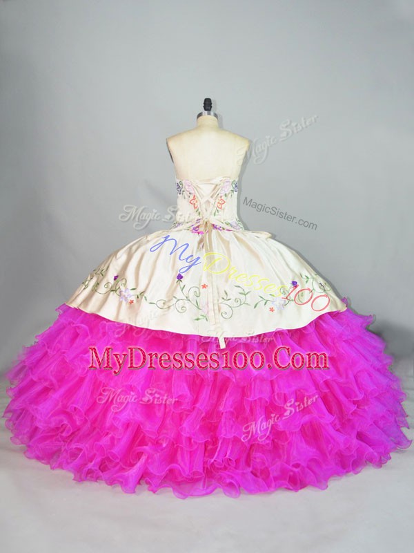 Fuchsia Sweetheart Lace Up Embroidery and Ruffled Layers Ball Gown Prom Dress Sleeveless