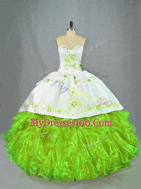 Dynamic Sweetheart Sleeveless Satin and Organza Quinceanera Gown Beading and Embroidery Brush Train Lace Up