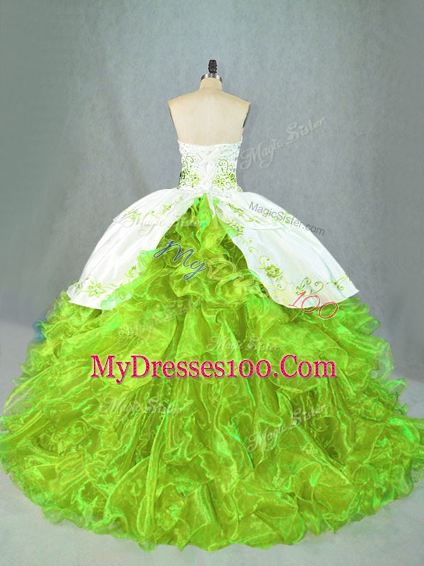 Dynamic Sweetheart Sleeveless Satin and Organza Quinceanera Gown Beading and Embroidery Brush Train Lace Up
