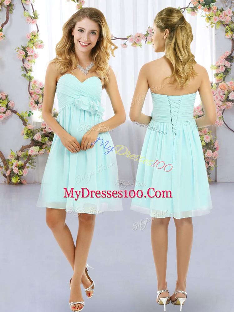 Sumptuous Aqua Blue Chiffon Lace Up Sweetheart Sleeveless Mini Length Bridesmaid Gown Hand Made Flower