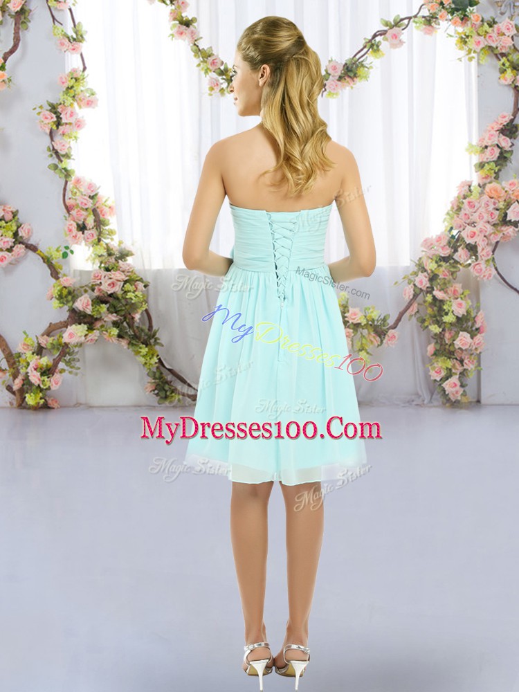 Sumptuous Aqua Blue Chiffon Lace Up Sweetheart Sleeveless Mini Length Bridesmaid Gown Hand Made Flower