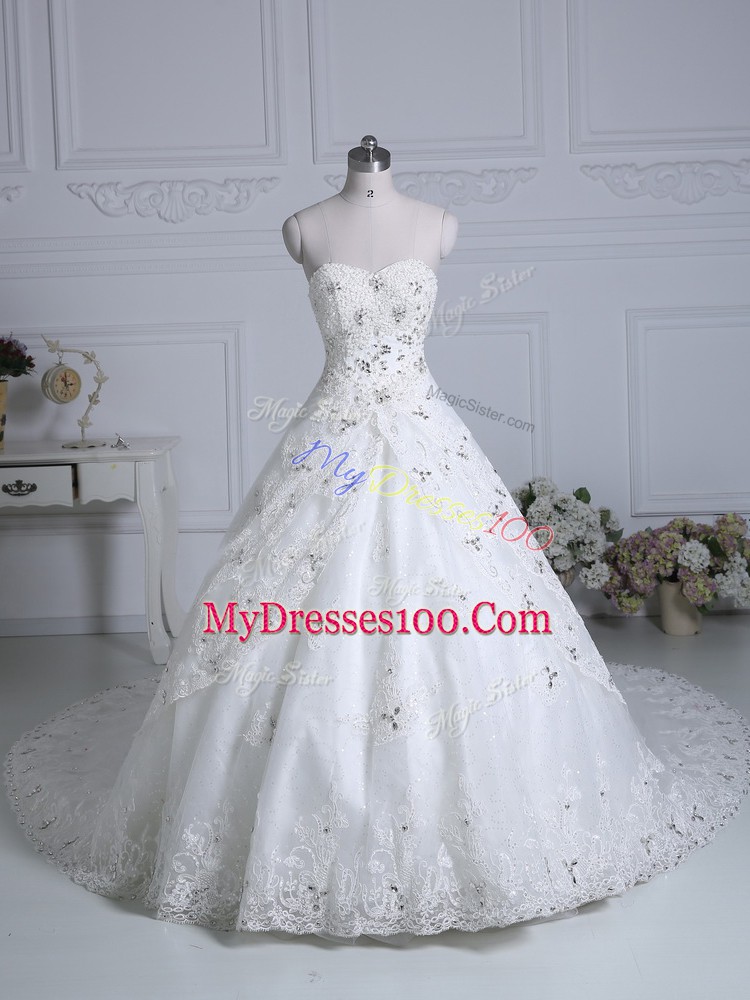 White Lace Up Wedding Gown Beading and Lace Sleeveless Chapel Train