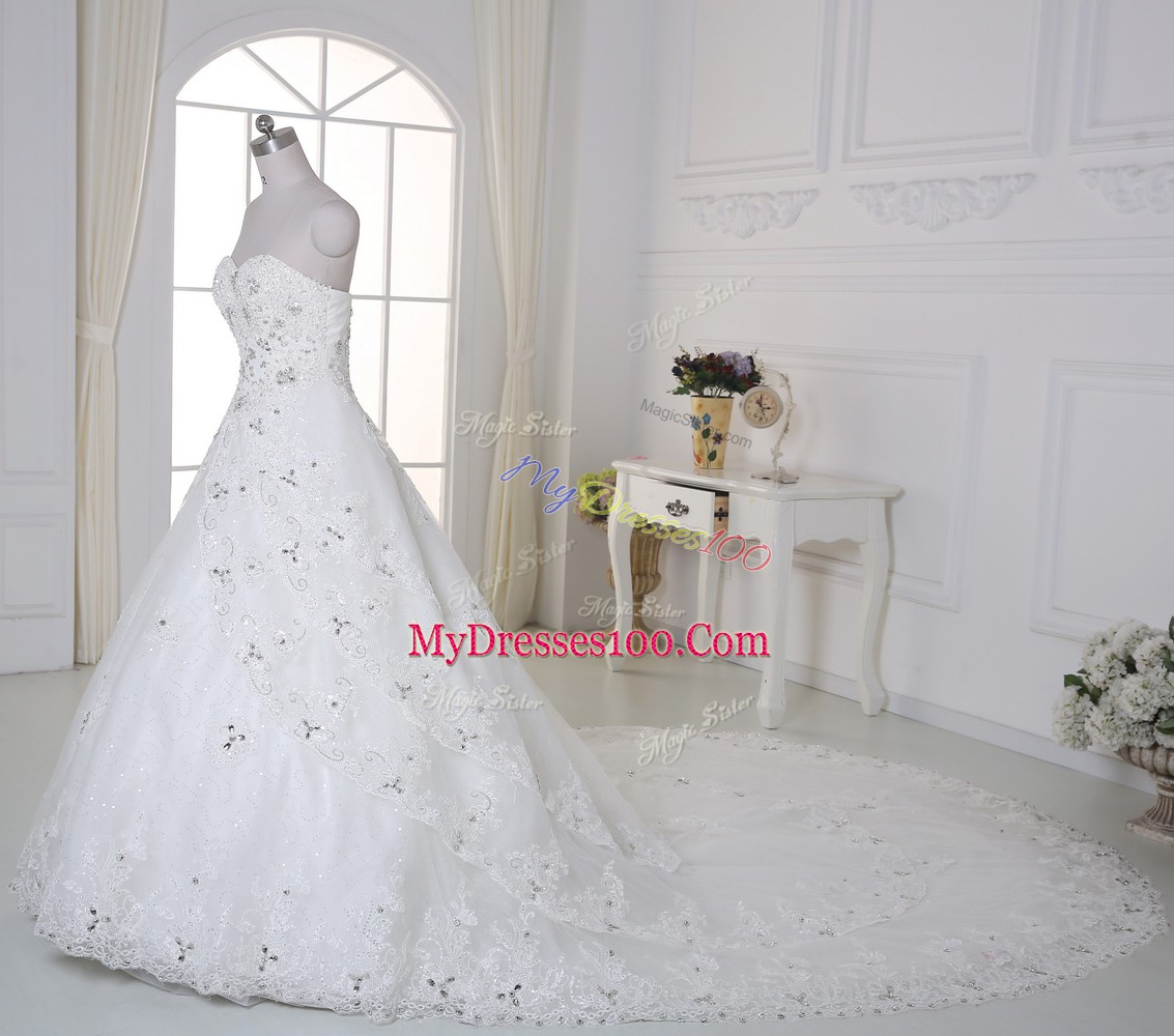 White Lace Up Wedding Gown Beading and Lace Sleeveless Chapel Train