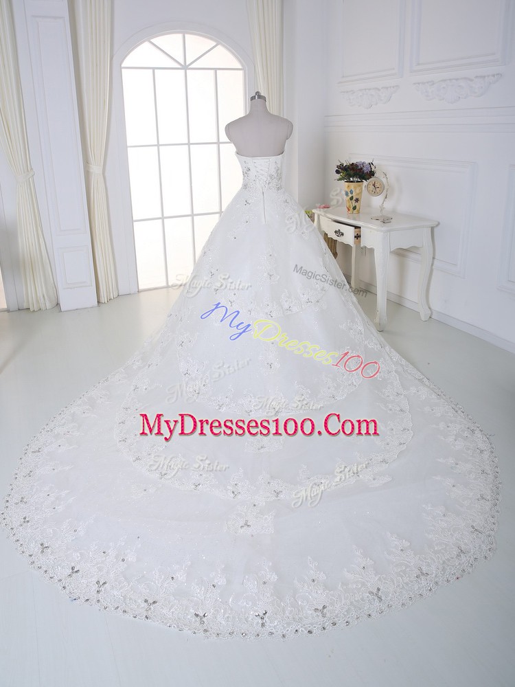White Lace Up Wedding Gown Beading and Lace Sleeveless Chapel Train