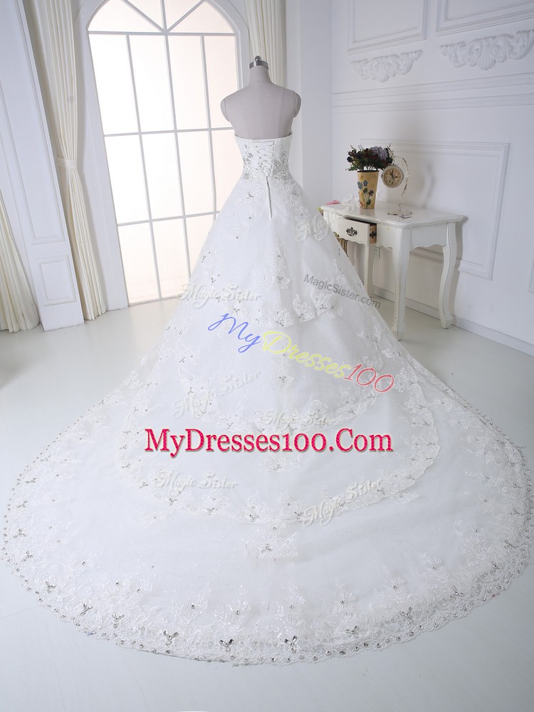 White Lace Up Wedding Gown Beading and Lace Sleeveless Chapel Train