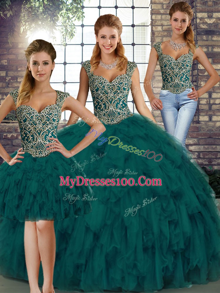Vintage Peacock Green Organza Lace Up 15th Birthday Dress Sleeveless Floor Length Beading and Ruffles