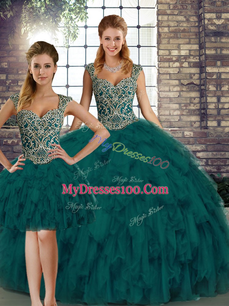 Vintage Peacock Green Organza Lace Up 15th Birthday Dress Sleeveless Floor Length Beading and Ruffles