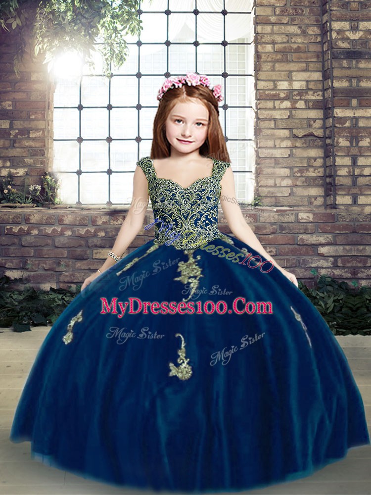 Amazing Blue Tulle Lace Up Straps Sleeveless Floor Length Little Girls Pageant Dress Appliques
