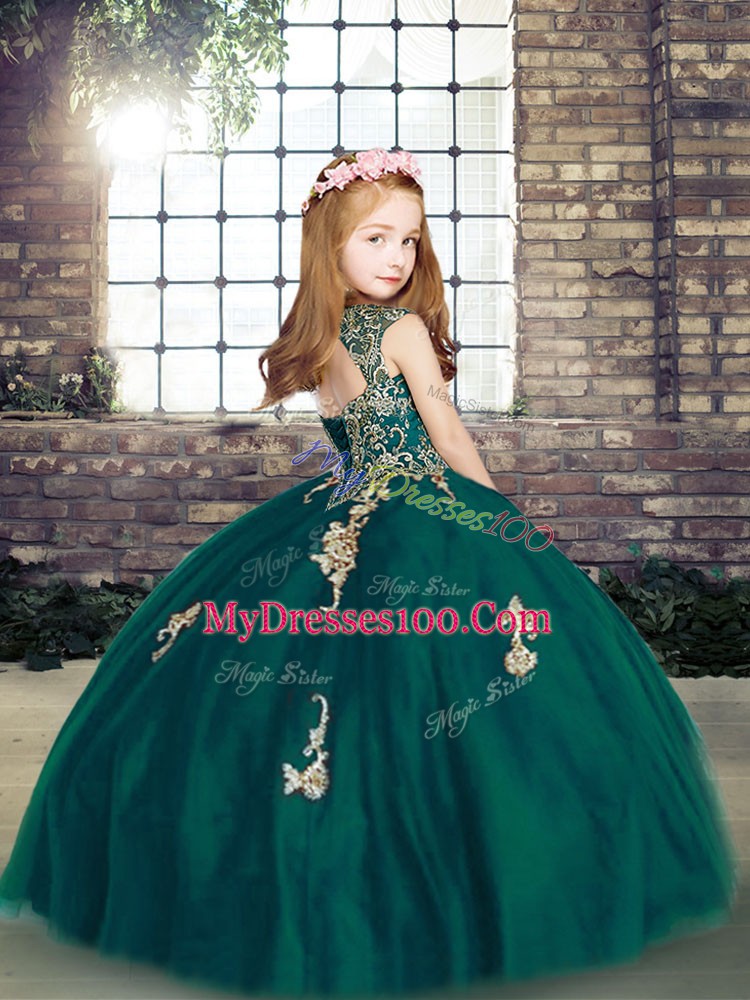 Amazing Blue Tulle Lace Up Straps Sleeveless Floor Length Little Girls Pageant Dress Appliques