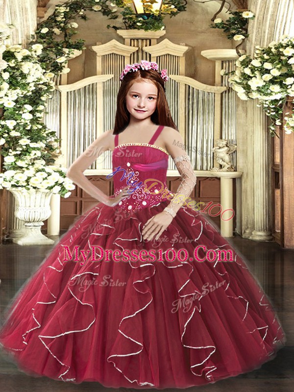 Superior Burgundy Ball Gowns Tulle Straps Sleeveless Beading and Ruffles Floor Length Lace Up Little Girls Pageant Dress
