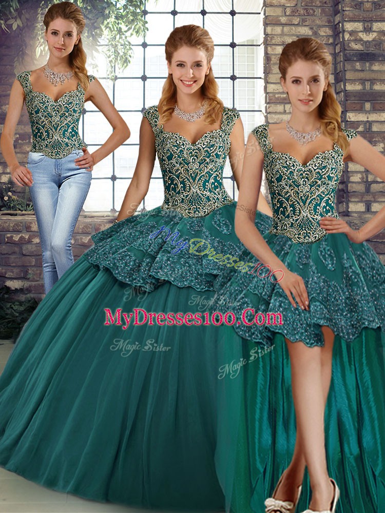 Affordable Green Three Pieces Tulle Straps Sleeveless Beading and Appliques Floor Length Lace Up Quinceanera Dresses