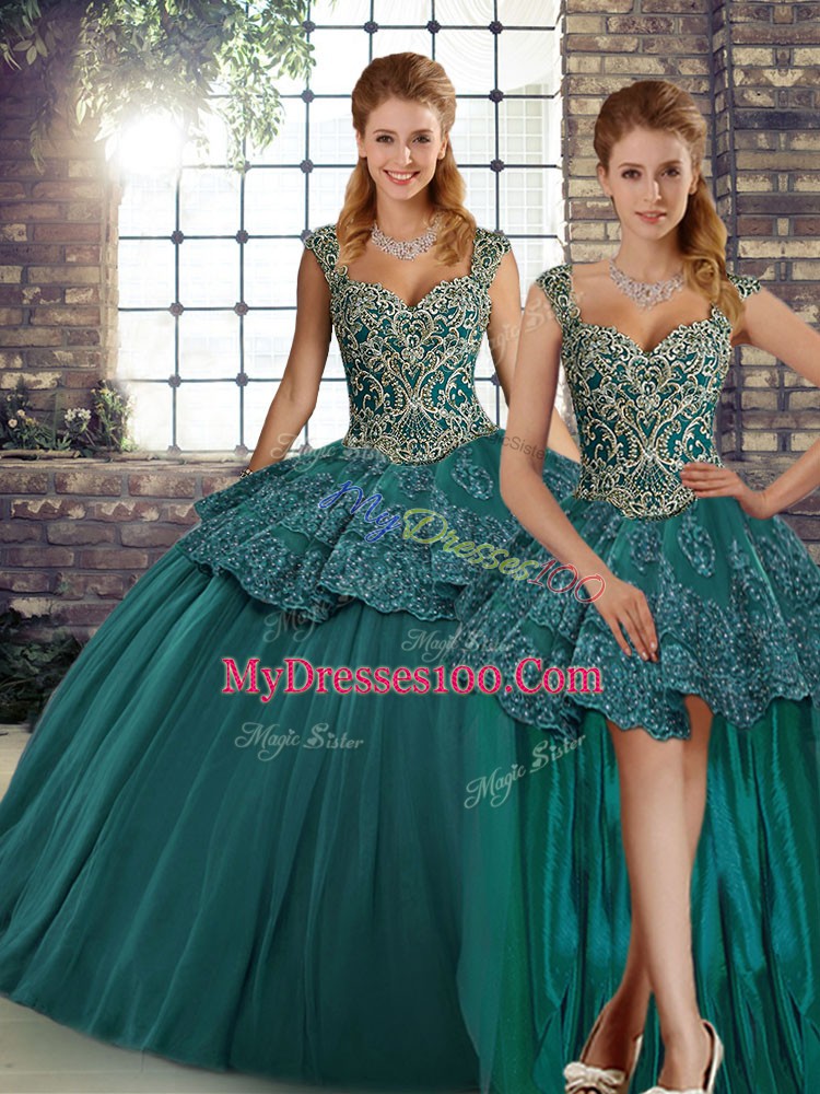 Affordable Green Three Pieces Tulle Straps Sleeveless Beading and Appliques Floor Length Lace Up Quinceanera Dresses