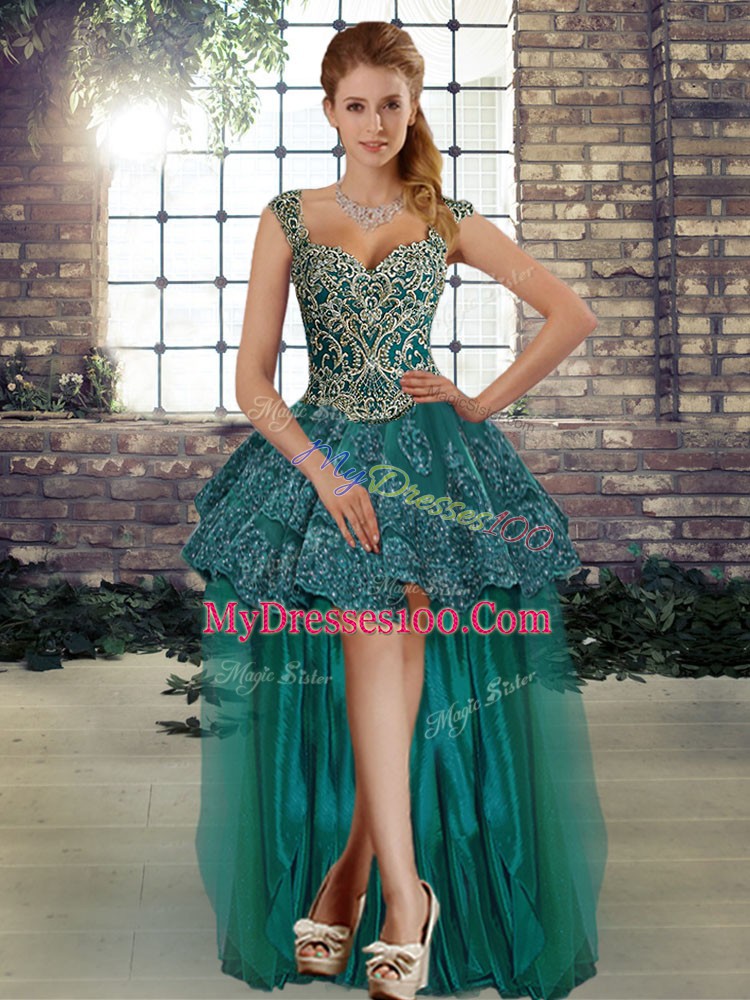 Affordable Green Three Pieces Tulle Straps Sleeveless Beading and Appliques Floor Length Lace Up Quinceanera Dresses