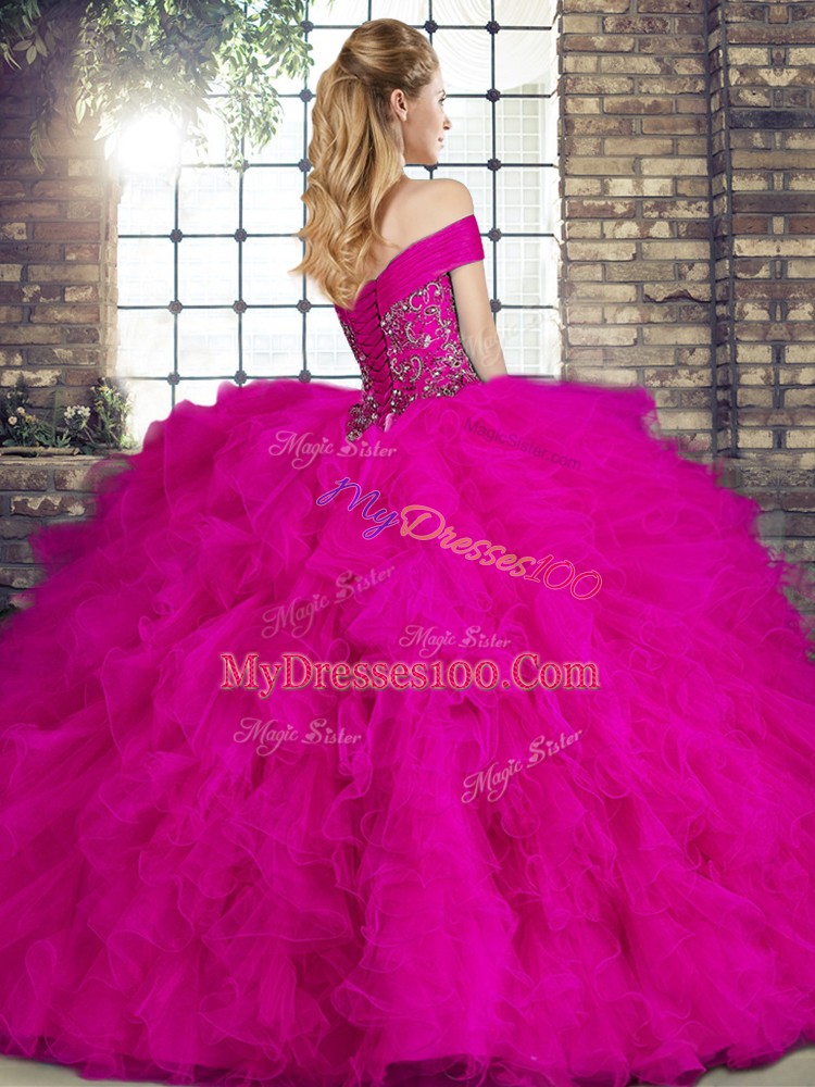 Fine Tulle Lace Up Off The Shoulder Sleeveless Floor Length Quinceanera Dresses Beading and Ruffles