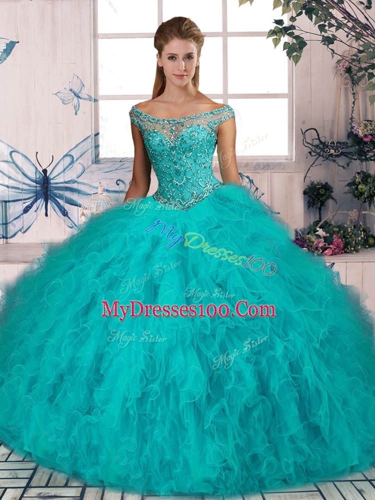 Noble Aqua Blue Sleeveless Brush Train Beading and Ruffles Quinceanera Gown