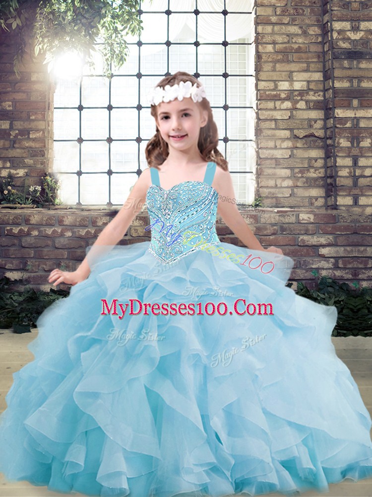 Fashionable Tulle Sleeveless Floor Length Girls Pageant Dresses and Beading and Ruffles