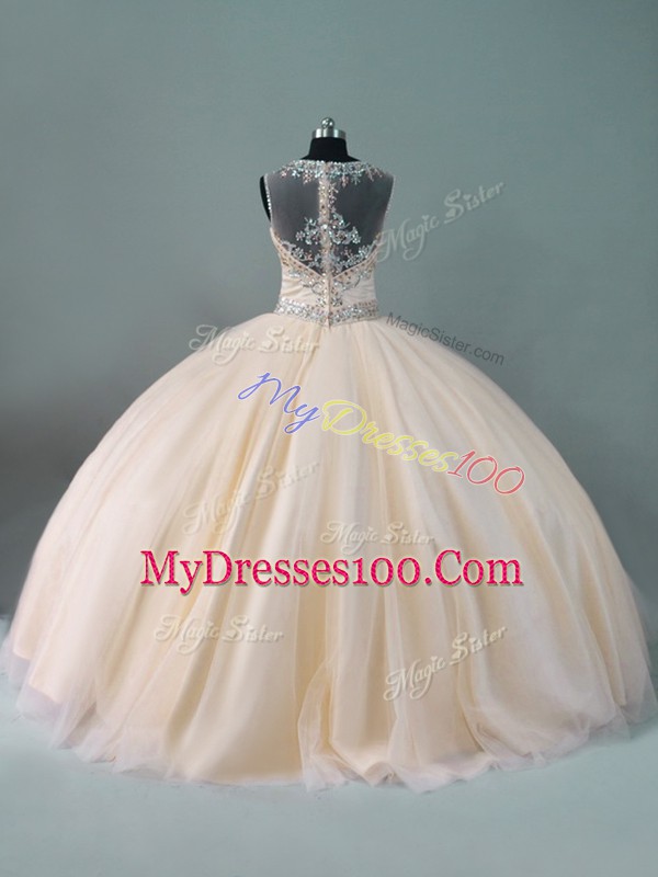 Beading Sweet 16 Dress Champagne Zipper Sleeveless Floor Length