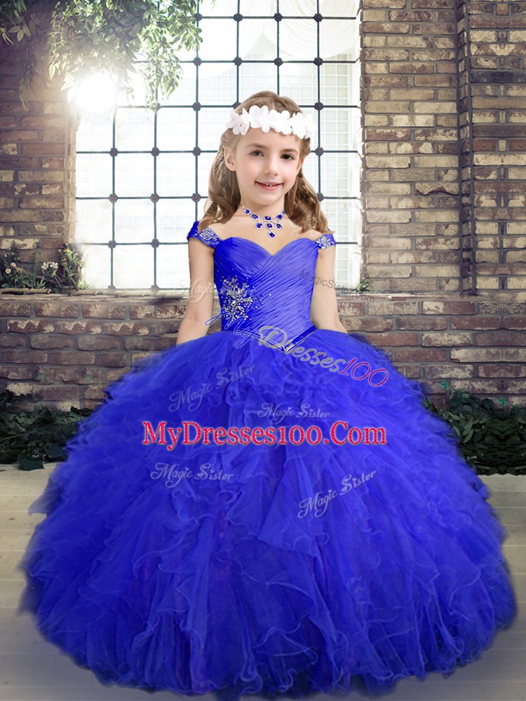 Stunning Blue Tulle Lace Up Straps Sleeveless Floor Length Kids Pageant Dress Beading and Ruffles
