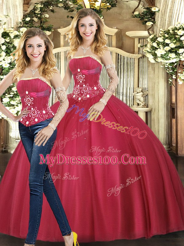 Beauteous Red Lace Up Strapless Beading Sweet 16 Dresses Tulle Sleeveless