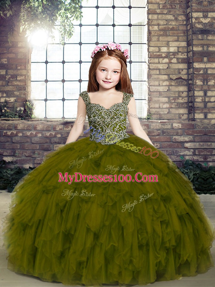 Sweet Sleeveless Lace Up Floor Length Beading and Ruffles Little Girls Pageant Dress