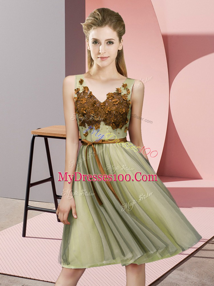 Extravagant Sleeveless Tulle Knee Length Lace Up Damas Dress in Yellow with Appliques