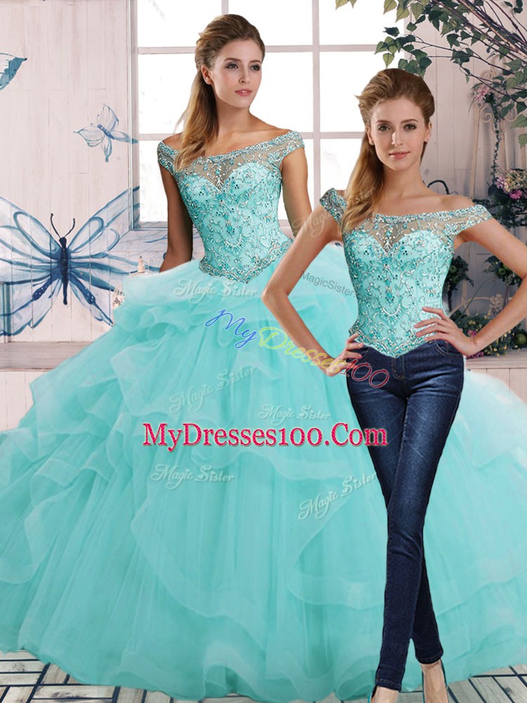 Perfect Off The Shoulder Sleeveless Lace Up Vestidos de Quinceanera Aqua Blue Tulle