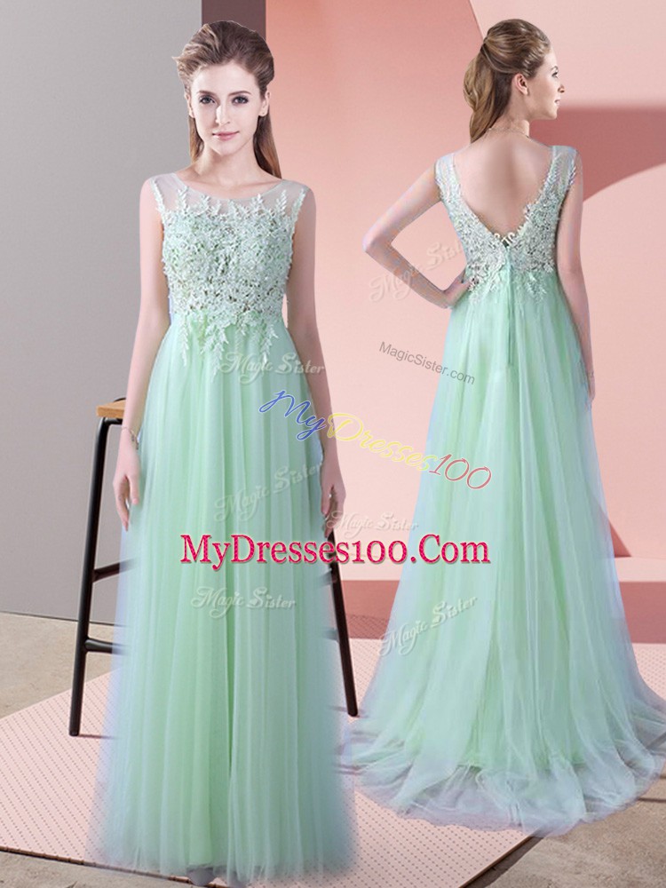 Apple Green Sleeveless Beading and Lace Zipper Bridesmaids Dress