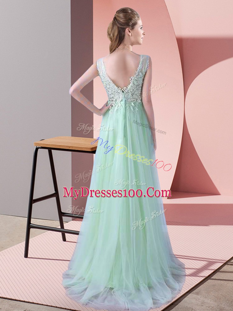 Apple Green Sleeveless Beading and Lace Zipper Bridesmaids Dress