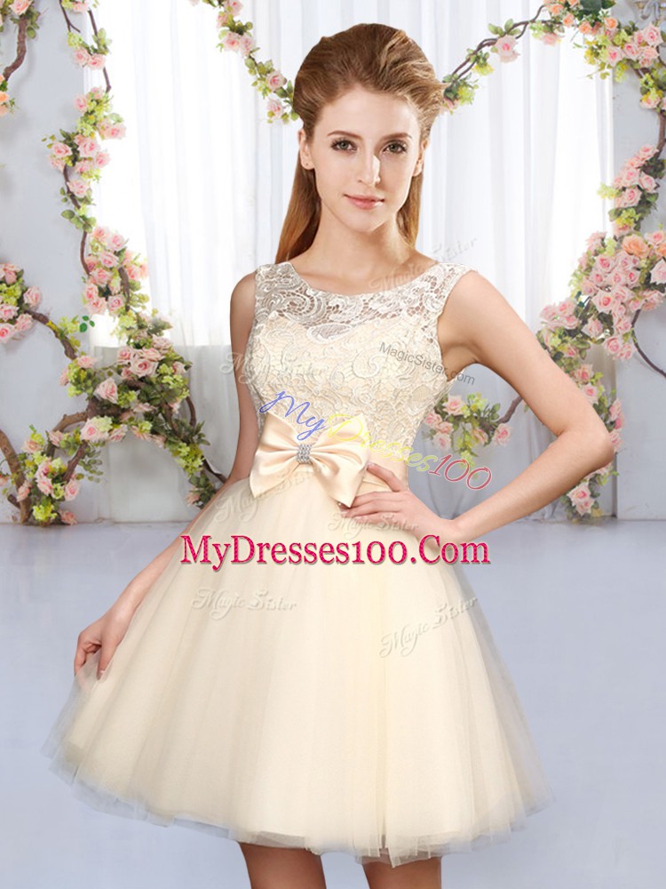 Comfortable Tulle Scoop Sleeveless Lace Up Lace and Bowknot Wedding Party Dress in Champagne