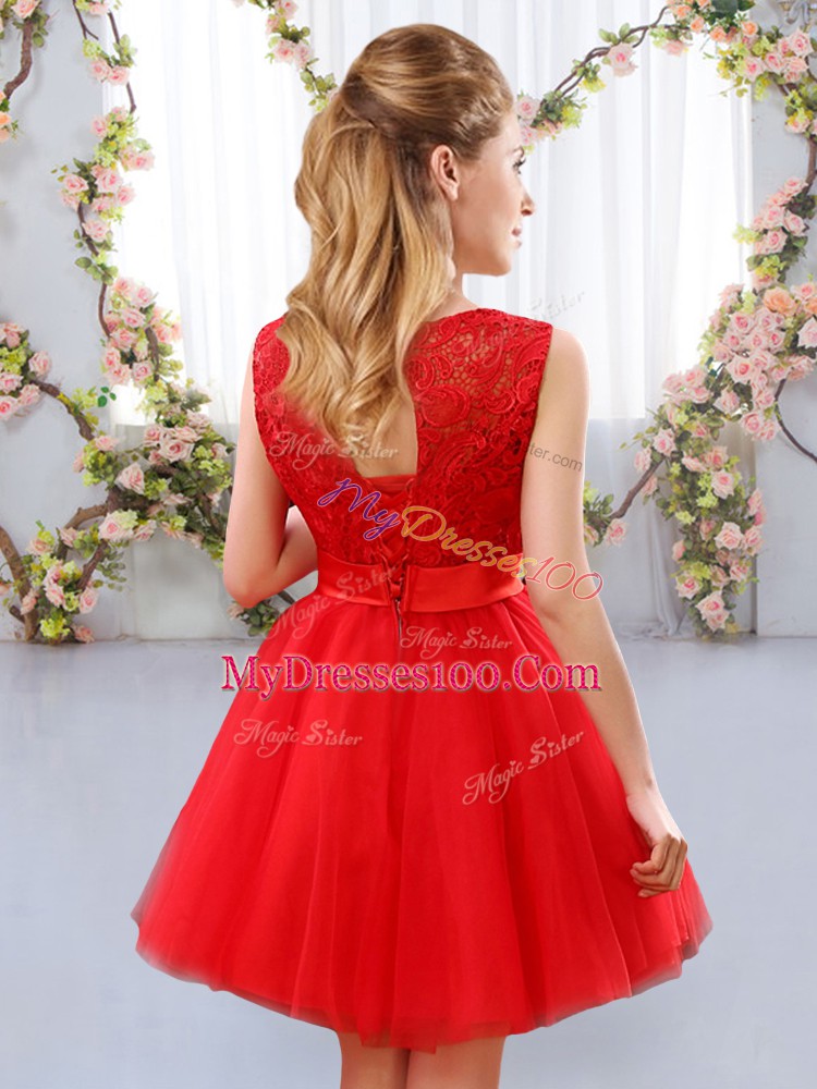 Comfortable Tulle Scoop Sleeveless Lace Up Lace and Bowknot Wedding Party Dress in Champagne